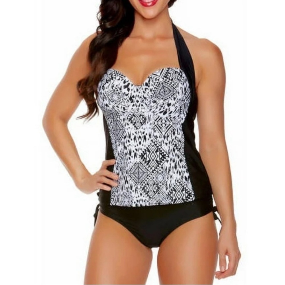 Collections by Catalina geometric print underwire support halter tankini top